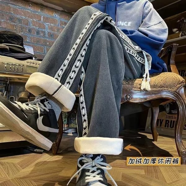 Corduroy Striped Trousers, Men's Autumn and Winter Vintage Plush Thickened Straight Trousers Joggers Men Pants
