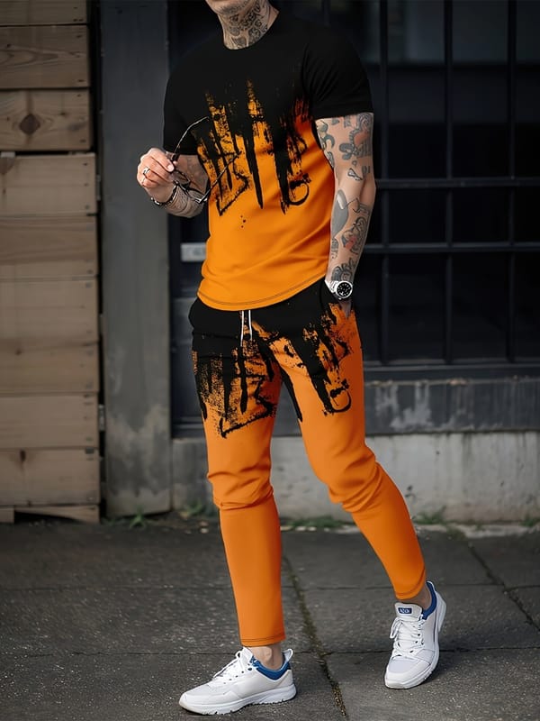 Novelty Men's Suit Fashion Striped Print Short Sleeve Trousers Men's Suit Summer Autumn Trend Street Wear