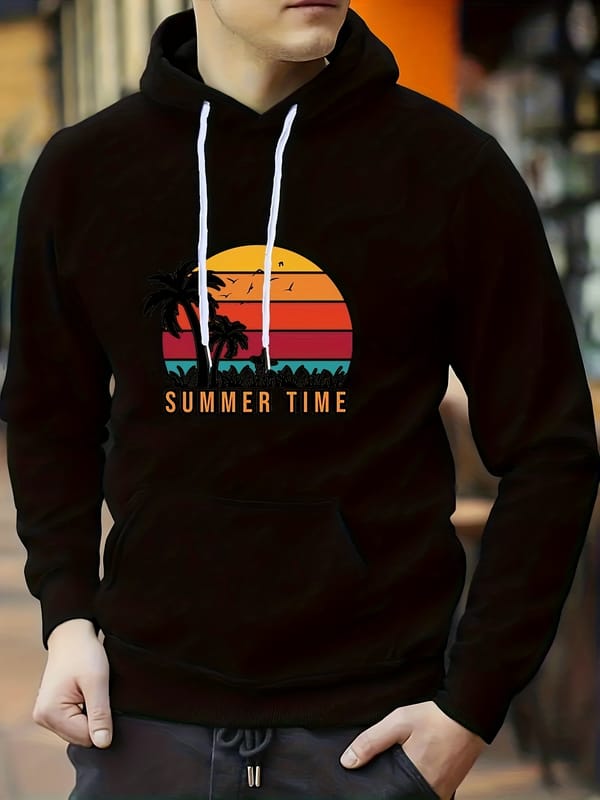 Men's  Pullover Hooded Sweatshirt With Kangaroo Pocket Streetwear For Winter Fall, As Gifts SUMMER TIME Print Hoodie