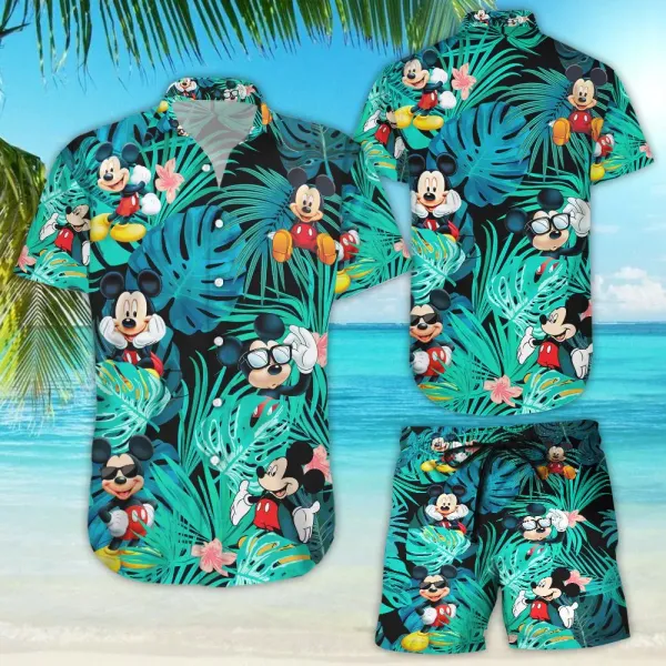 Mickey Hawaiian Shirt Shorts Set Men's Women's Summer Casual Beach Vacation Shirt Set Disney Beach Shorts Vintage Button Shirt