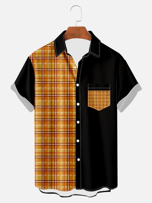 New Short-sleeved Patchwork Plaid Shirt Plus Size 3D Digital Print Men's Top with Pocket Vintage Style Summer Streetwear