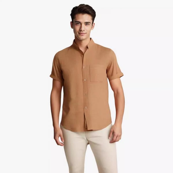 Solid Color Men Shirt Men's Stand Collar Cardigan Shirt with Chest Pocket Casual Office Business Top for Daily Wear Short