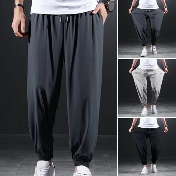 Summer Quick-drying Ice Silk Casual Pants Men's Ultra-thin Elastic Nine-point Pants Loose Drape Solid Beam Feet Pants