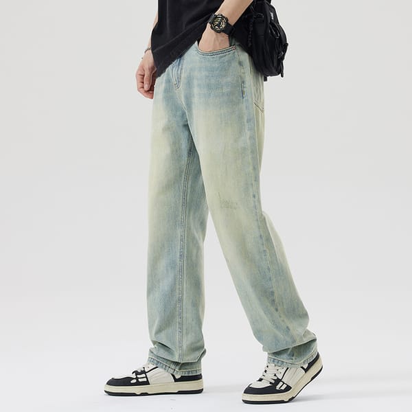 Large size men's summer new thin section jeans men's heavy wash American high street loose retro straight trousers 44 46 48