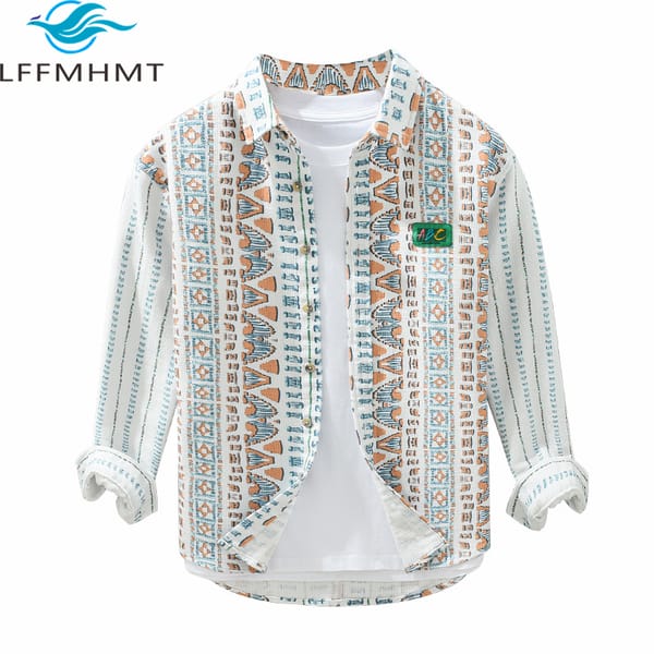 100% Cotton Folk Print Vintage Shirt Men's Spring Fall New Fashion Long Sleeve Casual Loose Lapel Blouse Teens Chic Jacquard Top