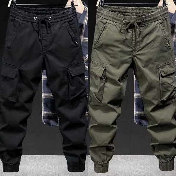 Fashion Solid Color Work Casual Multiple Pockets Men's Cargo Pants Classic Waist Drawcord Pure Cotton Youth Tide Male Trousers
