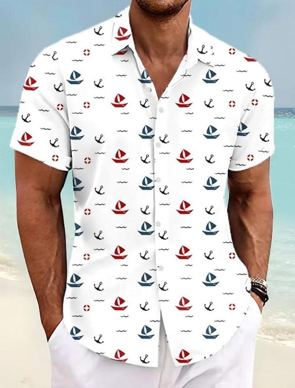 Sailboat Graphics Men's Resort Hawaiian Casual 3D Printed Street Shirt Summer Turndown Short Sleeves 4-Way Stretch Fabric Shirts