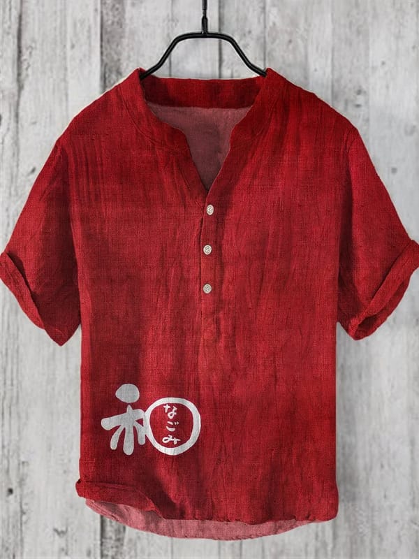2024 Summer New Product Chinese Character Printed Shirt V-neck Pullover Men's Short Sleeve Landscape Picture 3-breasted Button