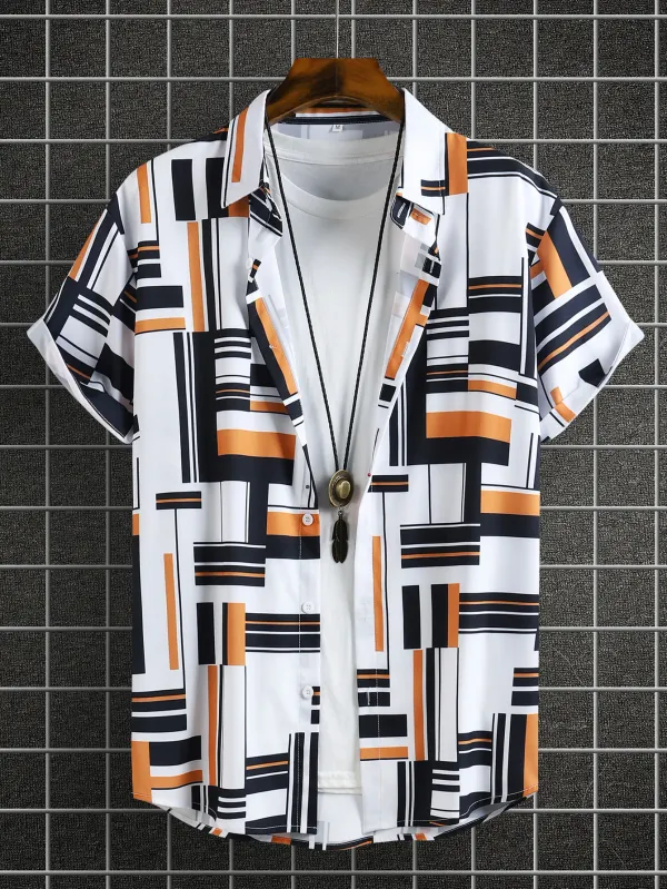 Color Block Pattern Men's Short Sleeve Button Down Lapel Shirt Summer Casual Shirt