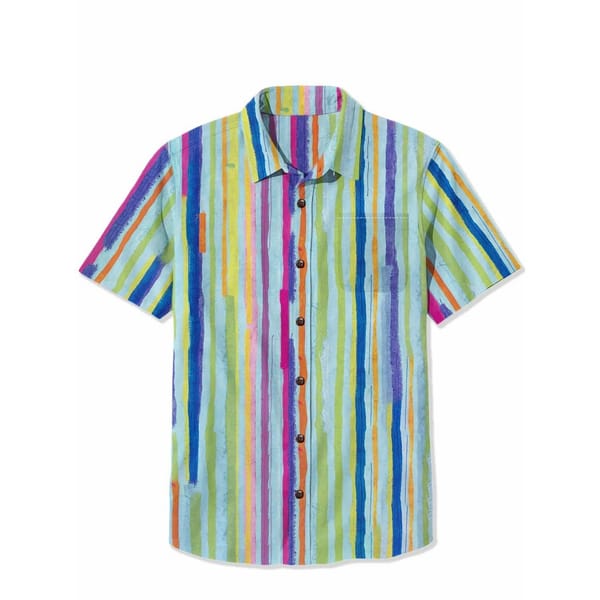 Colorful Stripe 100% Cotton Shirt Summer Short Sleeve Button Down Pocket Casual Shirt Men's Hawaiian Shirt Tropical Beach Tees