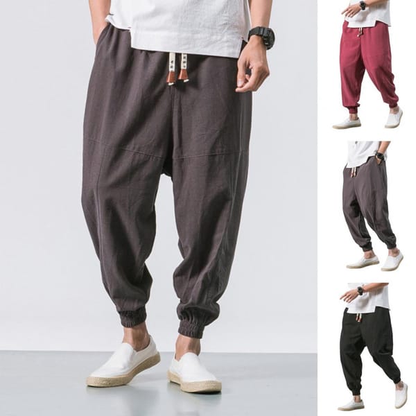 Elastic Waist Trousers Men Casual Harem Pants Japanese Style Men's Harem Pants with Deep Crotch Ankle Length Pockets for Casual