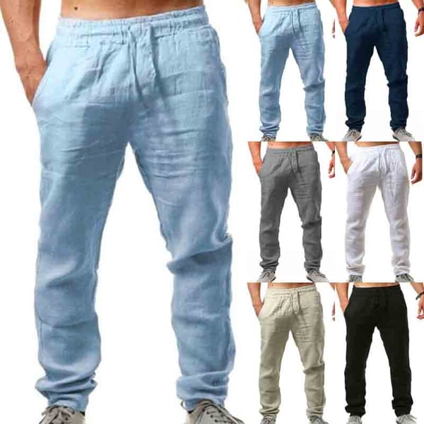 Men's Cotton Linen Pants Summer Solid Color Breathable Linen Pants Men's Casual Elastic Waist Casual Sports Pants
