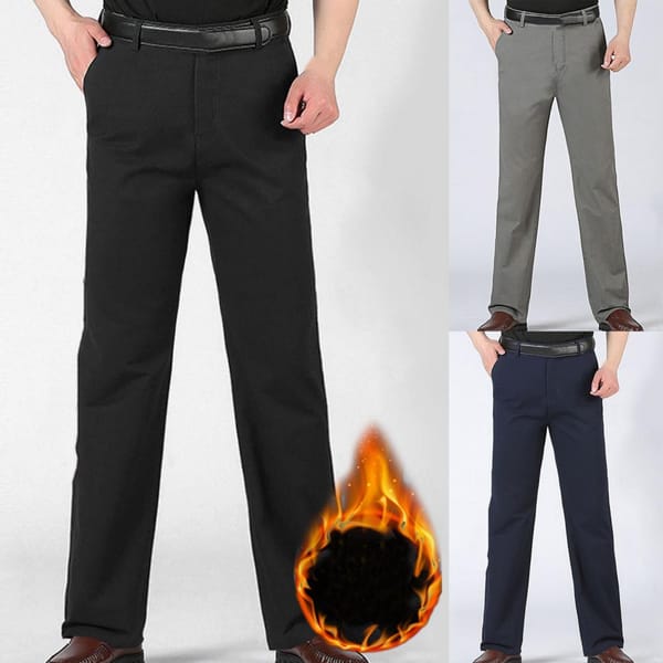 Fashion Men's Winter Warm Fleece Lined Pants Solid Color Casual Stretch Straight Pants Middle Waist Business Trousers
