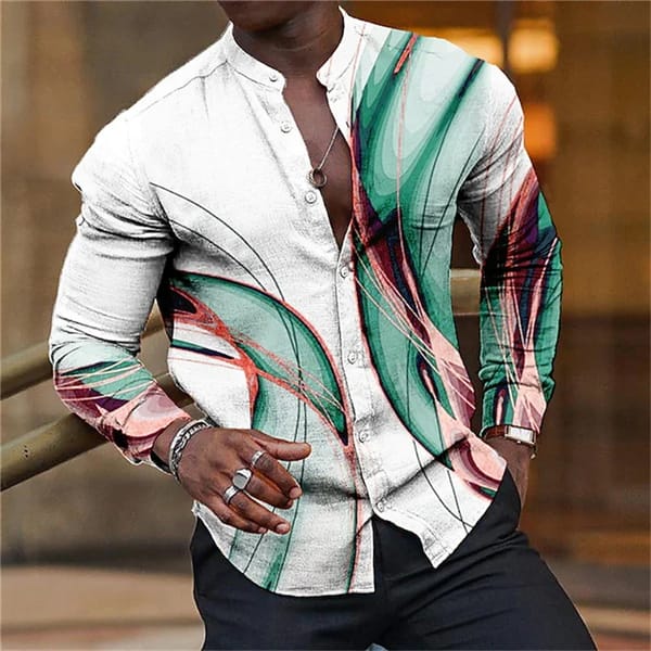Men's Beach Shirt Casual Long Sleeved Summer Shirt Men's Slim Fit Single Breasted Top Standing Collar Long Sleeved Shirt MB1