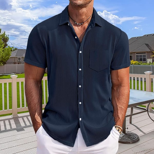 Lapel Pocket Shirt Men's Loose Fit Summer Shirt with Turn-down Collar Chest Pocket Short Sleeves Solid Color Mid for Daily