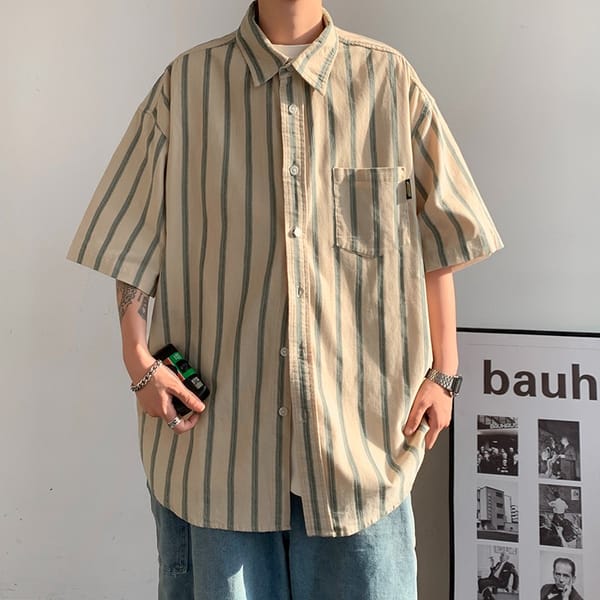 Summer New Men's Shirt Striped Print Short Sleeve Blouse Turn Down Collar Button Oversized Casual Shirt Men's Clothing B45