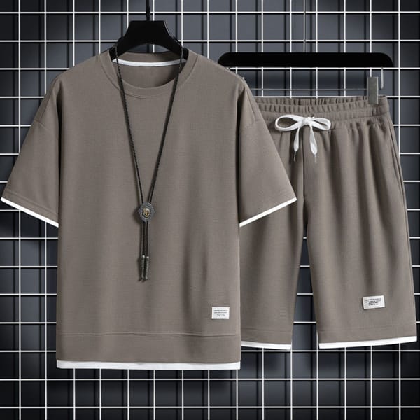 New Men's Korean Loose Waffle Sets Casual Short Sleeved T-Shirt Round Neck Male Sports Suit Simple Drawstring Pants Mens Tops