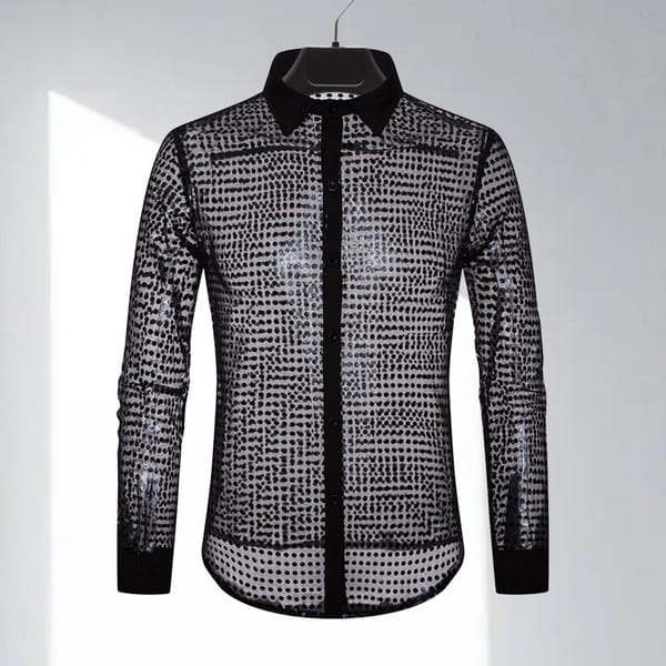 Lapel Long Sleeve Shirt Stylish Men's Sequin Embellished Lapel Shirt with See-through Design Skin-friendly Fabric for A