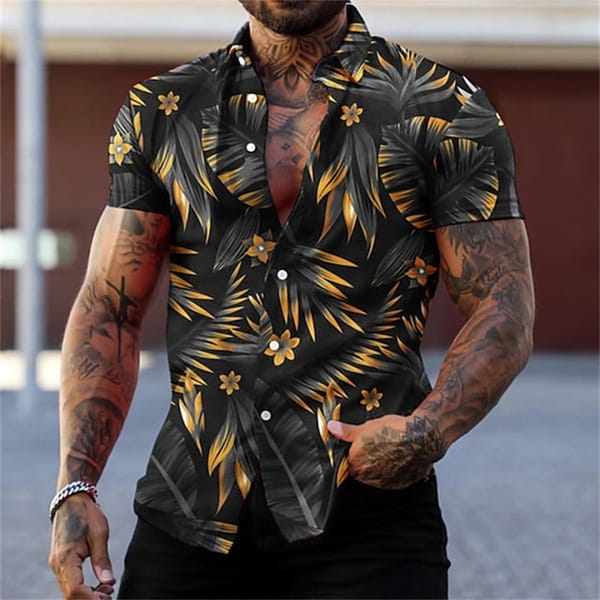 Men's Black And Gold Flower Shirts Summer Plant Print Lapel Shirt Hawaiian Style Beach Shirt Men's Short Sleeved Button Up Shirt