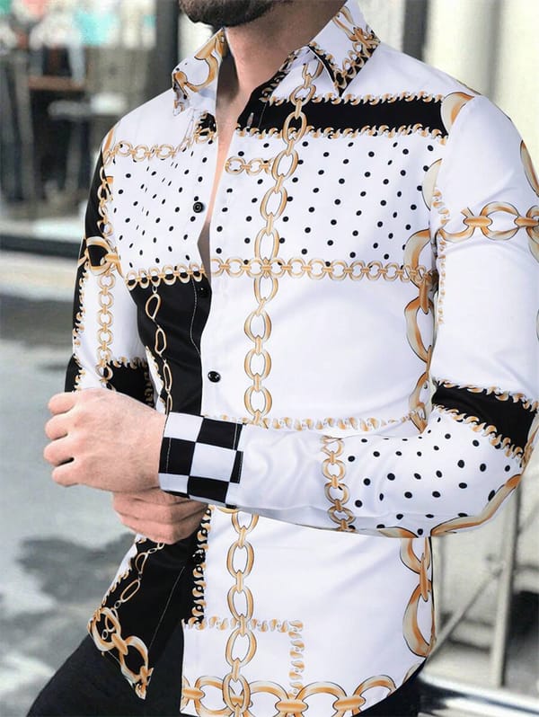 Button Lapel Shirt Suit Casual Fashion Series Men's Tops Chain HD Pattern Prom Men's Long Sleeve Shirt 2024
