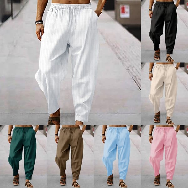 2024 European American Summer Men's Casual Solid Color Pants Cotton and Hemp Stripe Loose Casual Sports Men's Pants S-3XL