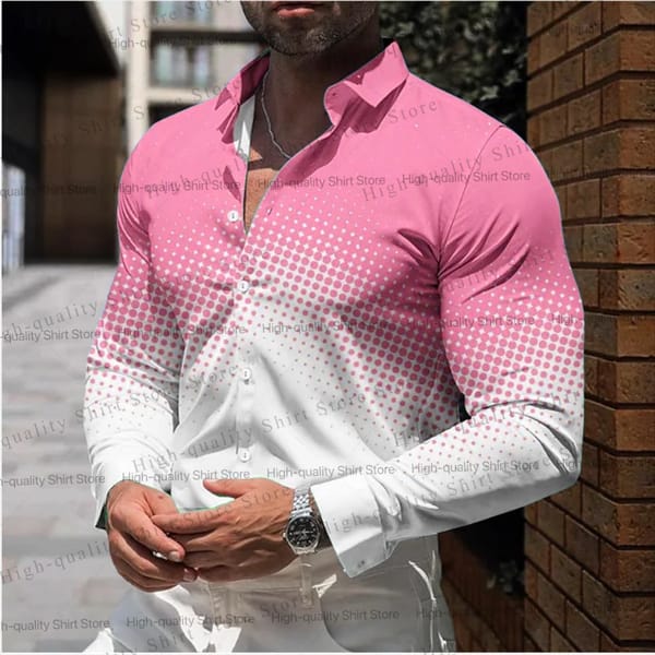 Gradient collar men's shirt with polka dot long sleeved shirt, casual and comfortable button up plus size men's clothing