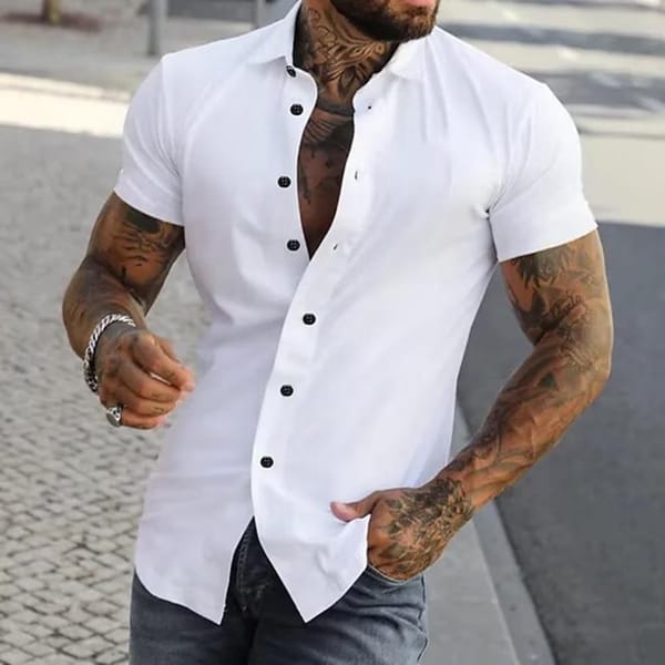 Lapel Collar Shirt Men Shirt Stylish Men's Slim Fit Summer Shirt with Turn-down Collar Short Sleeves Single-breasted for Formal