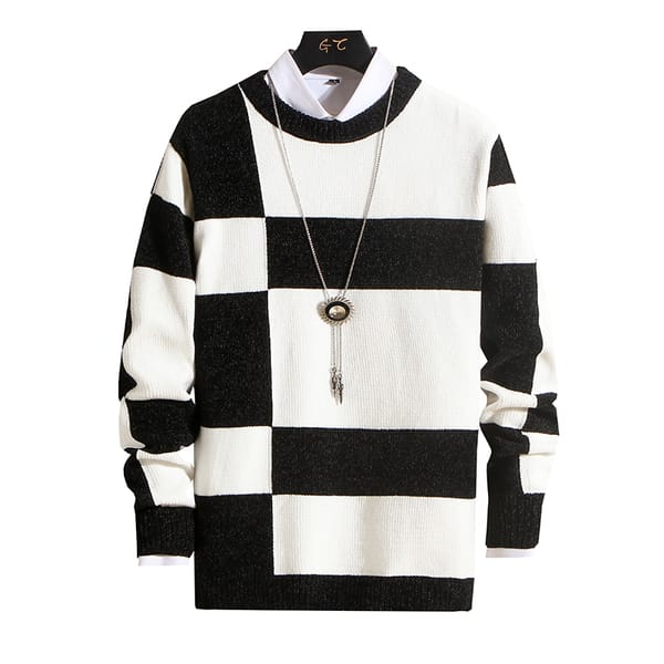 Men's Fashion Long Sleeve Crew Neck Black and White Striped Chenille Sweater Fall and Winter Comfort Knitwear