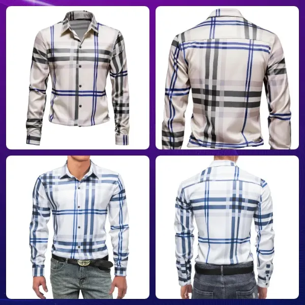 Autumn New Casual Versatile Stripe Plaid Polo Collar Men's Long Sleeve Shirt Men Clothing