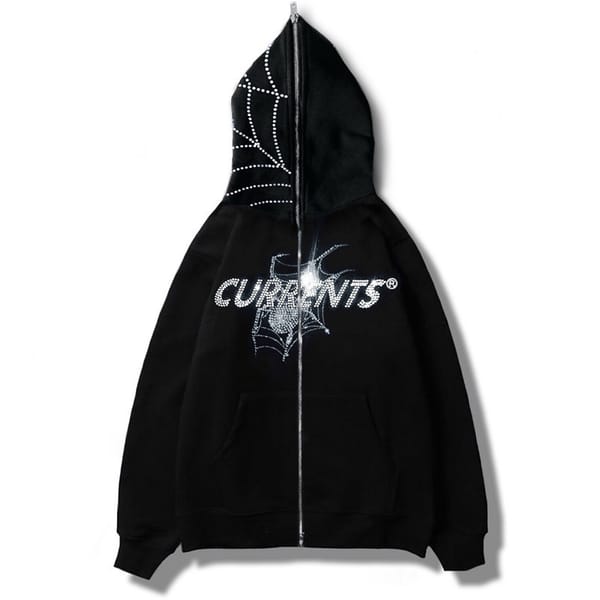 2023 Men's Fashion Rhinestone Spider Print Hoodie Men's Gothic Long Sleeve Large Sweatshirt Men's Zipper Jacket