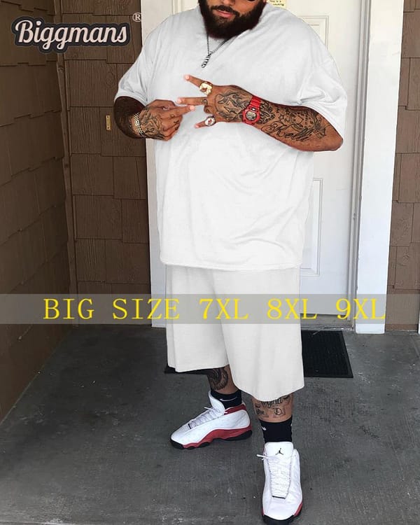 Biggmans Two Piece Sets T-Shirt for Men's Casual Clothing Solid Color Cotton Shorts Short Sleeves Big Plus Size Suit L-9XL