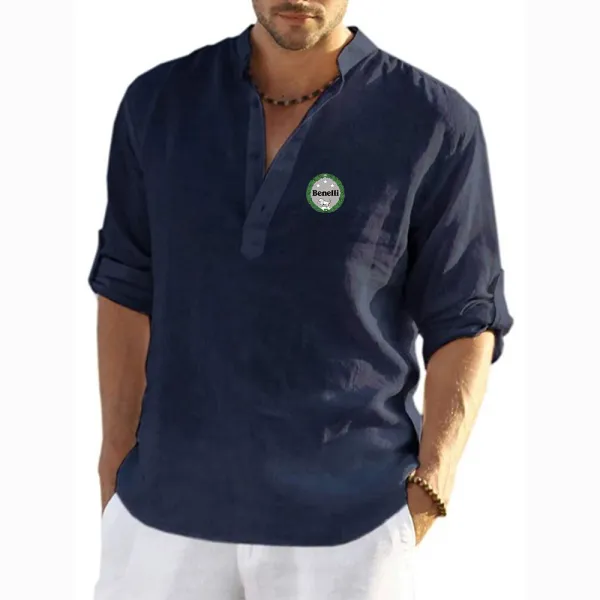 Benelli 2024 Spring Summer New Men's Cotton Linen Shirt Long Sleeve Breathable Solid Color Casual Basic Classics Printing Tops
