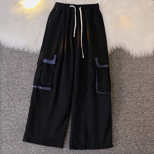 Men 2024 Spring Autumn New Leisure Straight Trousers Male Pockets Cargo Pants Men's Korean Drawstring Loose Wide-leg Pant I718