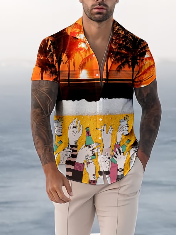 Fashion Star Spangled Flag Coconut Beach Beer Bubble 3D Printing Hawaii Beach Leisure Party Street Men's Short sleeved Shirt