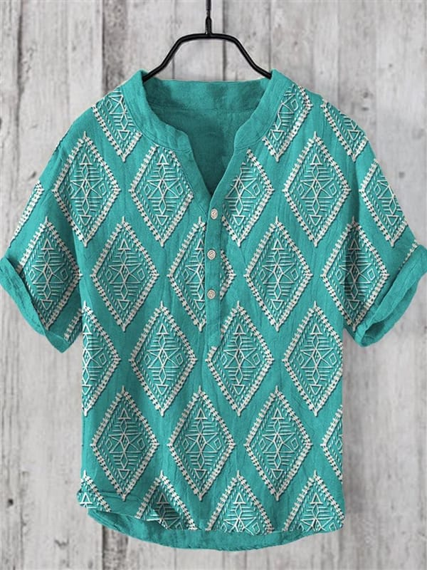 Chinese elements fashion men's linen short sleeved spring and summer Amazon 3D printed breathable short sleeved shirt top