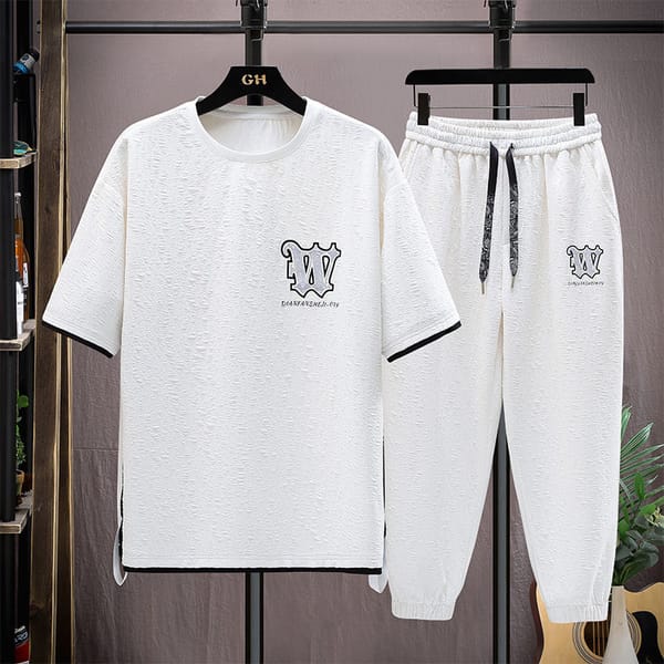 2024 Summer Fashion Solid Color Plus Size Sports Short Sleeve T-Shirt Set Men's Casual Relaxed Breathable Elastic Two-Piece Set