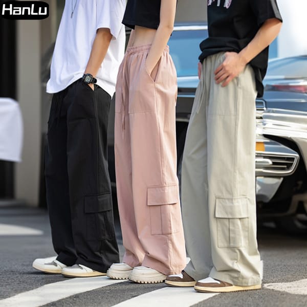 Men's Spring New Texture Workwear Casual Pants Couple Y2K High Waist Street Dress Hip Hop Big Pocket Drawstring Sports Pants