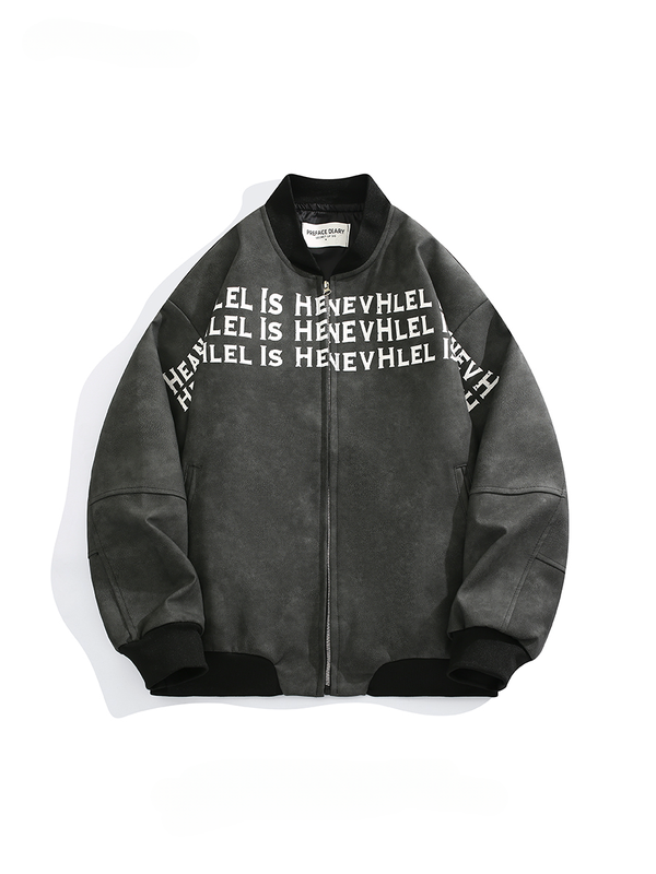 Men's Stand Collar Long-sleeved Letter Print Motorcycle Leather Jacket Trendy Brand Hip Hop Loose Large Size Casual Zipper Coat