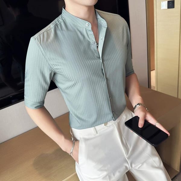 2023 Summer New Half Sleeve Stand Collar Shirt Fashion Vertical Stripe  Slim Fit Popular Designs Men's Versatile Shirt 4 Colors