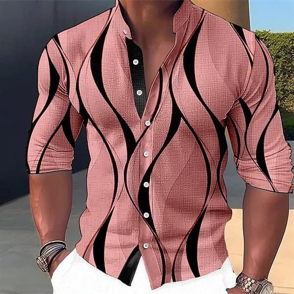 Line Single Breasted Top Youthful Stand Up Collar Long Sleeved Shirt Men's Beach Long Sleeved Summer Shirt Slim Fit MB1